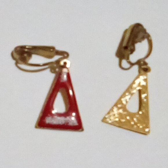 Red and White Enamel Triangle Clip On Earrings - Picture 3 of 4